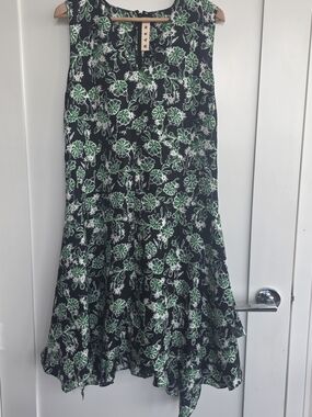 Marni Black Floral Midi Silk Dress with Green and White Flowered Print